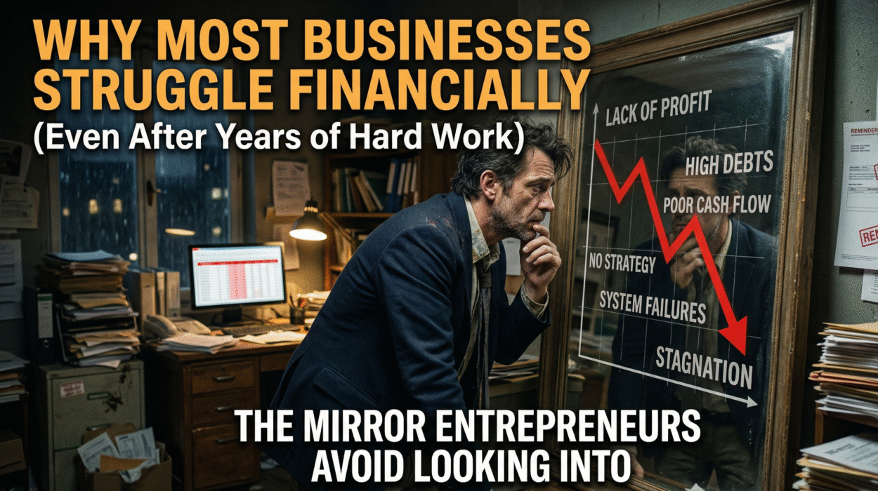 A middle-aged entrepreneur, looking exhausted and weary, stands in a cluttered, dimly lit office filled with stacks of paperwork and a glowing computer screen. He stares intensely into a large framed mirror leaning against a wall. Instead of his physical reflection, the mirror displays a sharp, downward-trending red arrow and bold text listing business failings: "LACK OF PROFIT," "HIGH DEBTS," "POOR CASH FLOW," "NO STRATEGY," "SYSTEM FAILURES," and "STAGNATION." The blog title, "WHY MOST BUSINESSES STRUGGLE FINANCIALLY (Even After Years of Hard Work)," is overlaid at the top, while the subtitle, "THE MIRROR ENTREPRENEURS AVOID LOOKING INTO," is centered at the bottom.