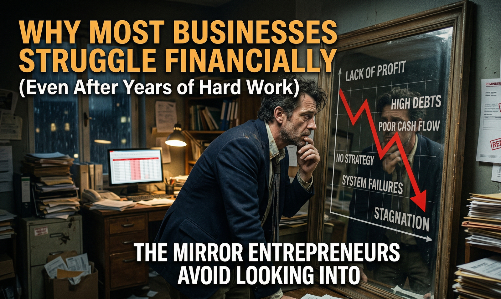 A middle-aged entrepreneur, looking exhausted and weary, stands in a cluttered, dimly lit office filled with stacks of paperwork and a glowing computer screen. He stares intensely into a large framed mirror leaning against a wall. Instead of his physical reflection, the mirror displays a sharp, downward-trending red arrow and bold text listing business failings: "LACK OF PROFIT," "HIGH DEBTS," "POOR CASH FLOW," "NO STRATEGY," "SYSTEM FAILURES," and "STAGNATION." The blog title, "WHY MOST BUSINESSES STRUGGLE FINANCIALLY (Even After Years of Hard Work)," is overlaid at the top, while the subtitle, "THE MIRROR ENTREPRENEURS AVOID LOOKING INTO," is centered at the bottom.